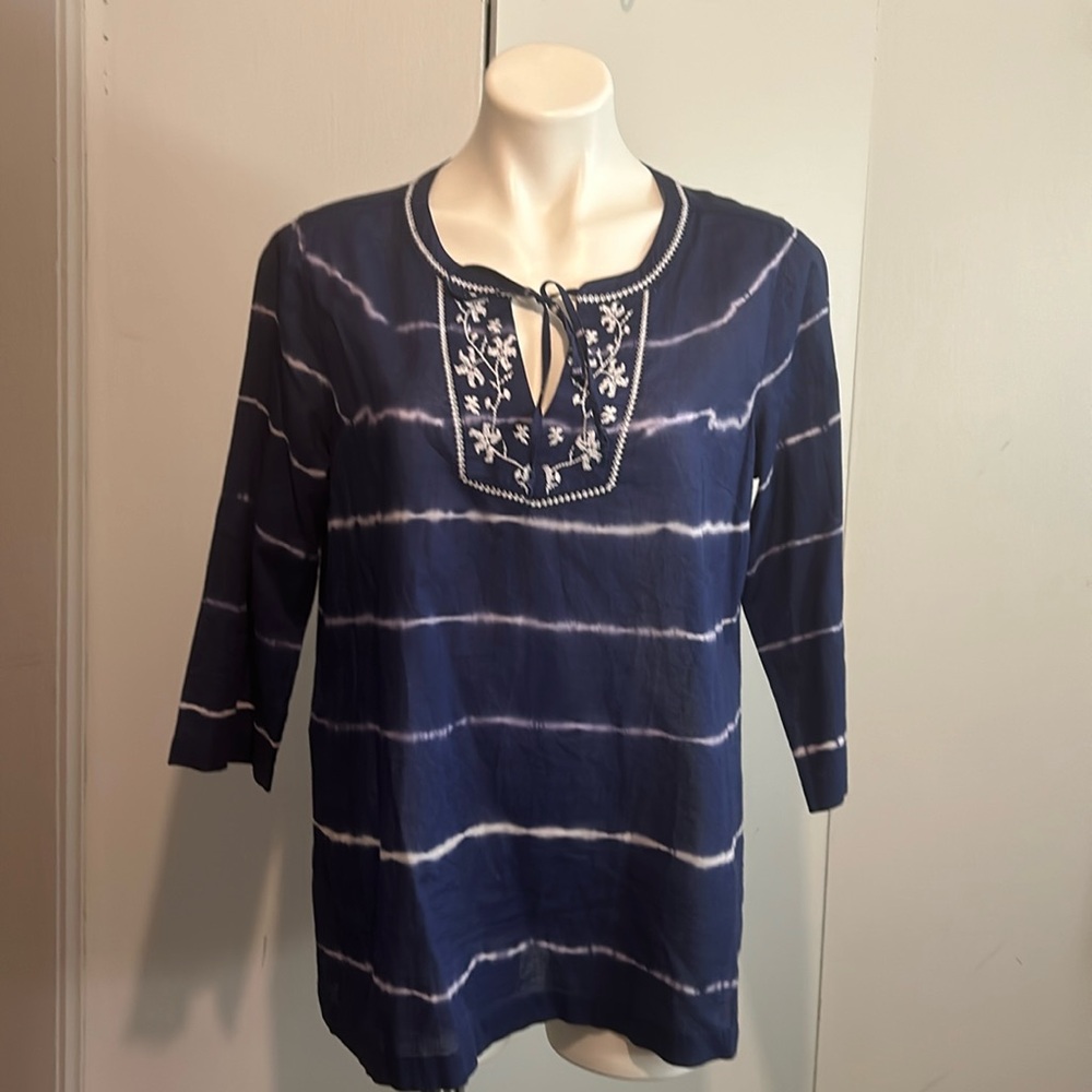 Tommy Bahama OLIANA 100% cotton embroidered tunic island navy folk art inspired